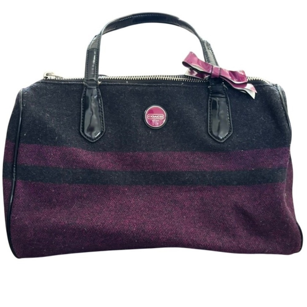 Coach Signature Wool Stripe Satchel‎ Passion Berry Charcoal F24784